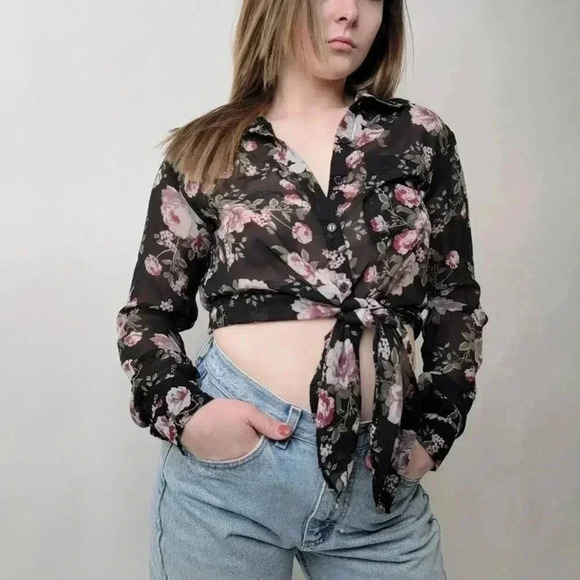 Pastel Black & Pink Floral Mesh Tie Front Coverup Blouse - S - Picture 1 of 9